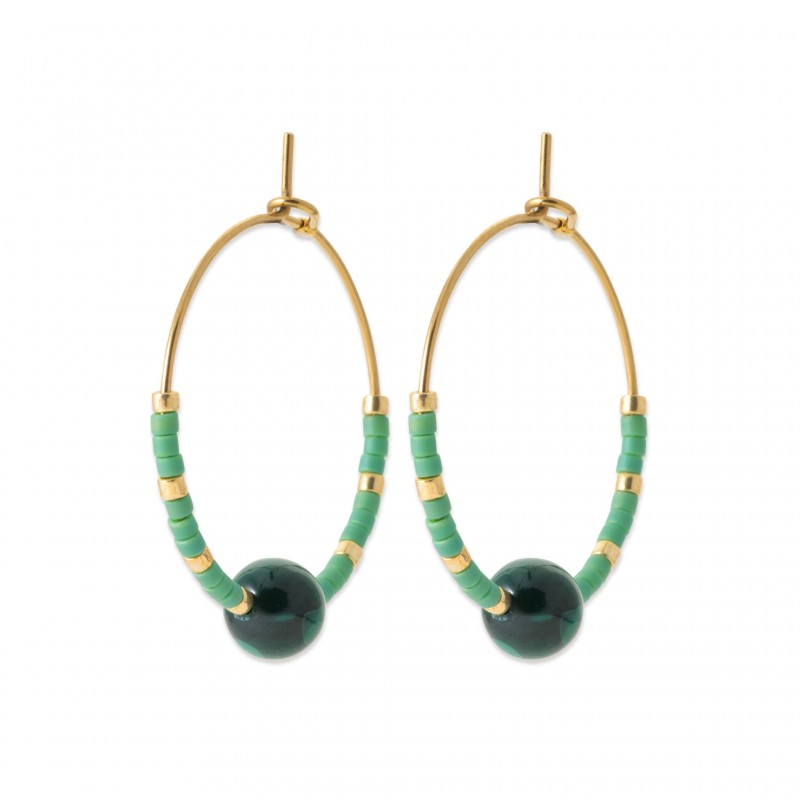 Boucles d'oreilles Coque de Nacre Acier doré et malachite 3606050